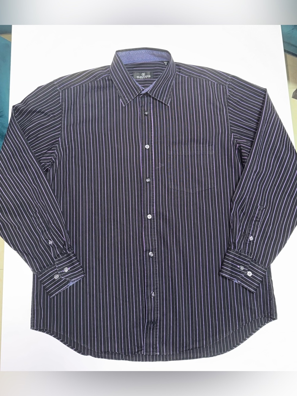 Bugatchi Uomo Men’s XL Black/Purple Striped Cotton Dress Shirt Long Sleeve